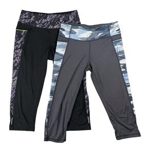 Capri Workout Leggings 2 Pack Black Purple Grey Blue Back Zip Pocket Size Small